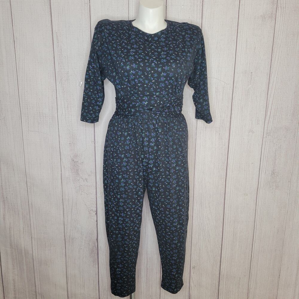 Vintage Paquette Too Volup 80's 90's Blue Floral Jumpsuit Womens Size 14